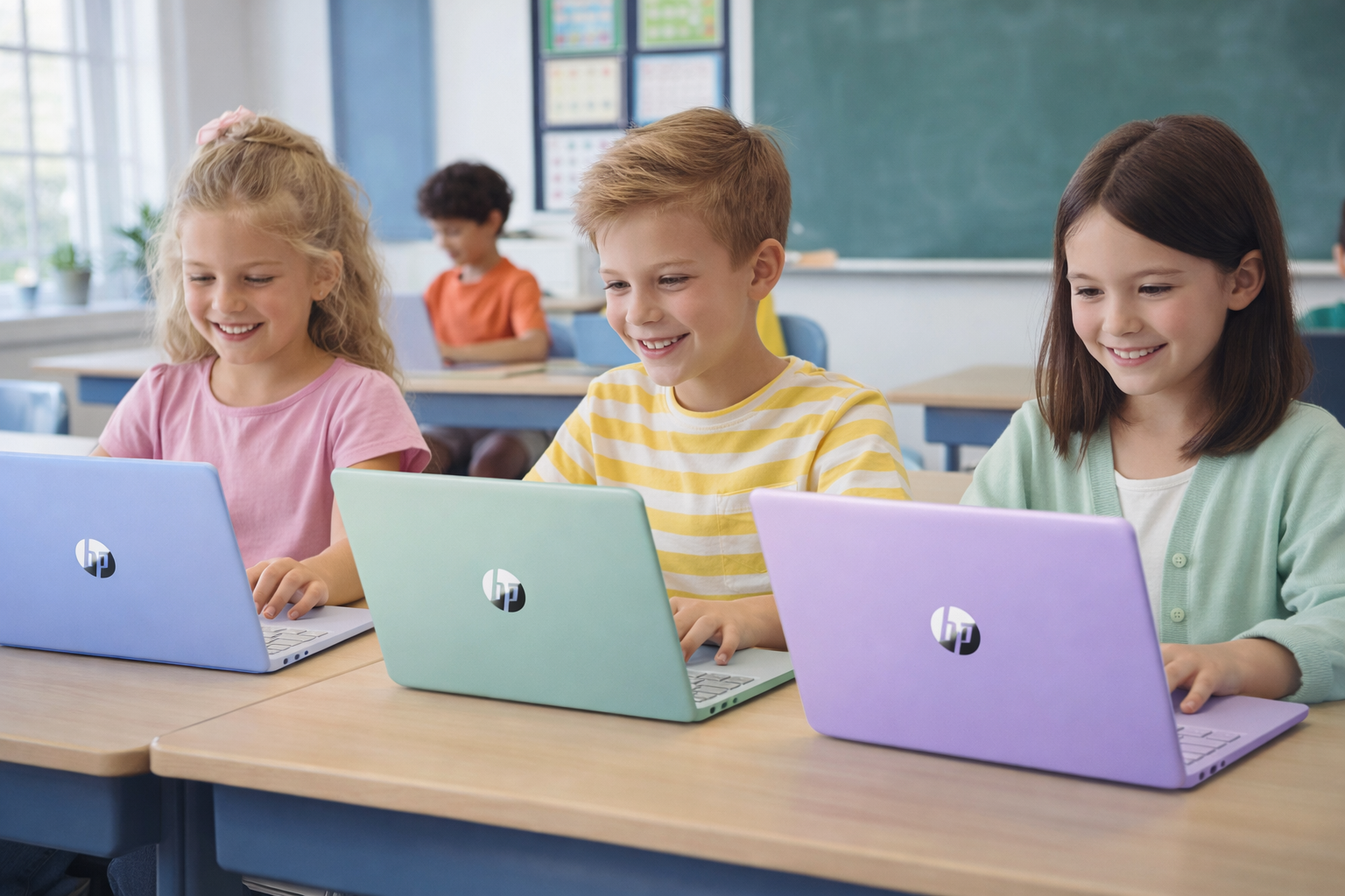 kolorowy laptop HP na komunie